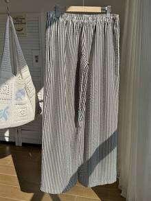 Comfortcana 大码女式休闲度假通勤条纹印花刺绣打结松紧腰宽松阔腿裤 - 黑與白 - 查看 2