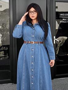 SHEIN ICON Đầm denim dài tay màu trơn cỡ lớn, kiểu dáng thường ngày. - Rửa nhẹ - Xem 6