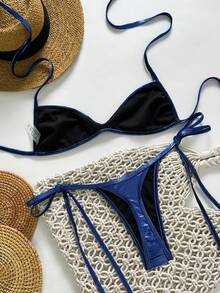 Swim SXY Set de 2 piezas Bikini con parte superior tipo halter y bandeau con textura metálica y Bottom con lazos laterales, conjunto de traje de baño sexy para mujer, primavera/verano - Azul - Ver 2