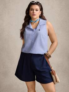 Zelara 大码休闲百搭刺绣无袖衬衫背心嘉年华套装沙滩休闲情人节工作服女装夏季蓝色两件套女装短款套装女士短款套装学院风女装夏季上衣 - 藍色 - 查看 8
