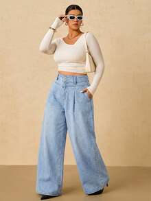 SHEIN Tall CURVE Plus Size Women High Waist Pleated Pocket Wide Leg Loose Casual Jeans - Light Wash - View 8