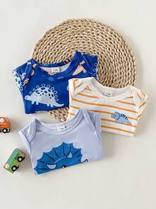 Playful Pals 3pcs/Pack Infant Cute Animal Print Envelope Collar Short Sleeve Bodysuit, Summer - Multicolor - View 3