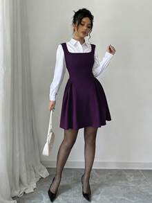 Selianne 新款女士连衣裙，方领无袖A字褶皱下摆，高弹力纹理面料，纯色，时尚年轻修身款式，通勤休闲百搭，收腰显瘦，适合春、夏、秋、冬四季穿着，优雅精致的意式连衣裙 - 中紫紅色 - 查看 5