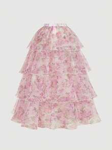 SHEIN MOD 大码优雅印花吊带连衣裙和网纱半身裙套装 - 粉色 - 查看 9