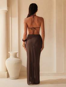Swim Oasis Women's Solid Color Ruched Halter Bikini Set With Beaded Accessories And Mesh Maxi Skirt - Coffee Brown - View 2
