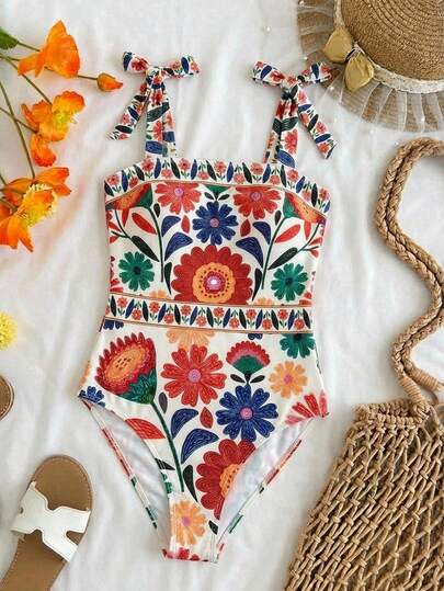 Travachic KIDS Tween Girls' Summer Vacation Beach Floral Print Tie Shoulder One-Piece Swimsuit