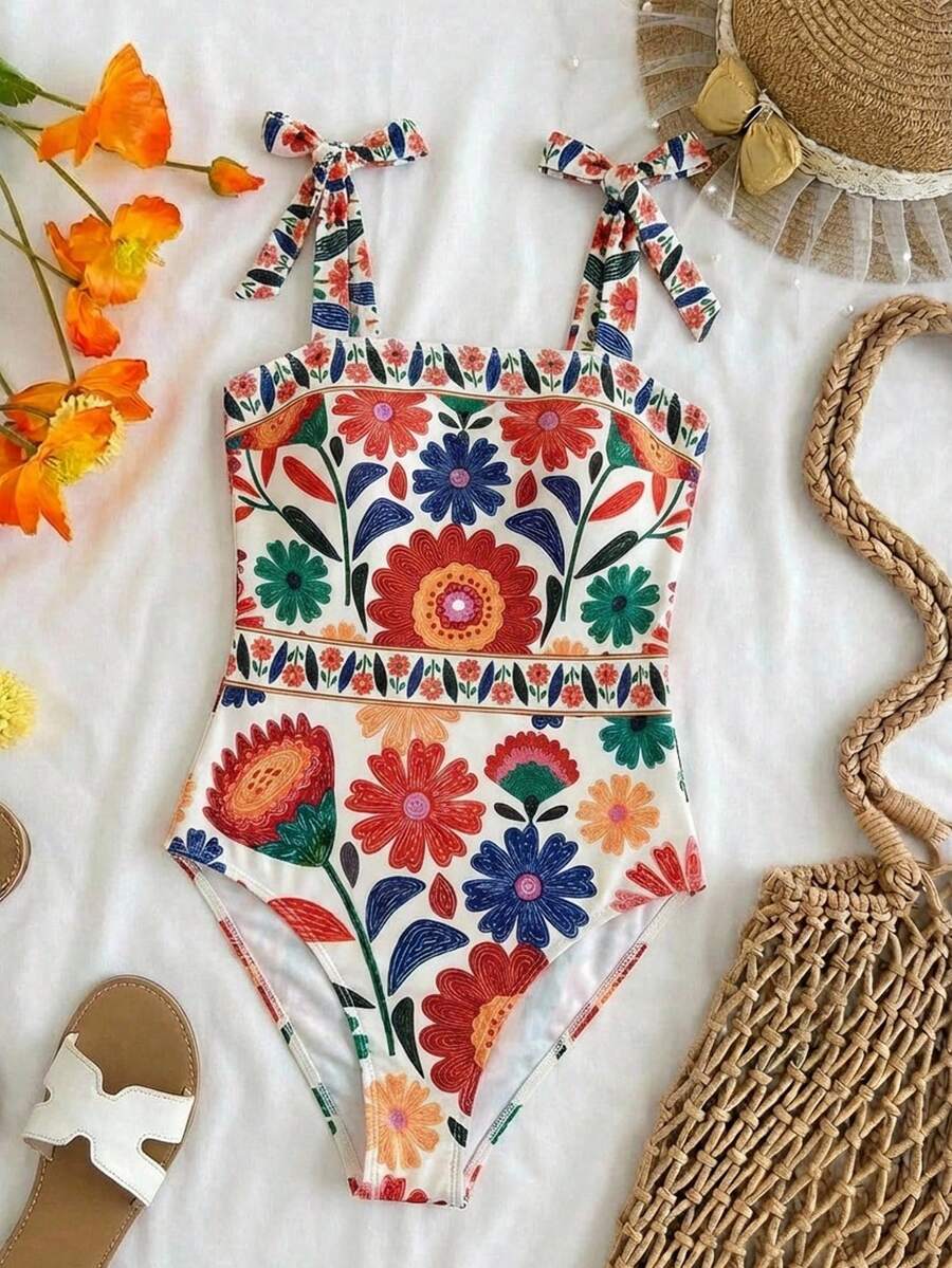 Travachic KIDS Tween Girls' Summer Vacation Beach Floral Print Tie Shoulder One-Piece Swimsuit - Multicolor - View 1