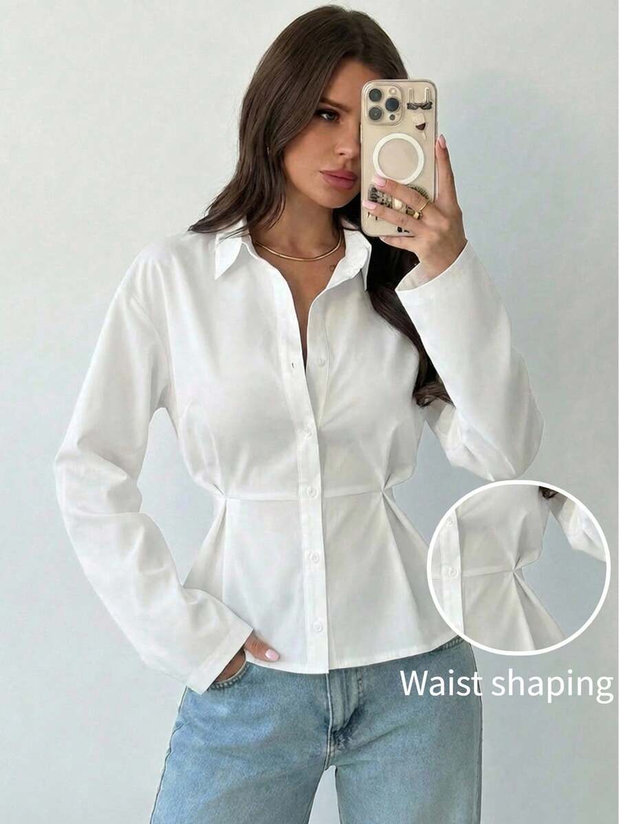 Firerie Women's Chic White Elegant Office Long Sleeve Blouse,Minimalist Autumn Commute A-Line Peplum Hem Shirt,Plain Pleat Button Fitted Collared Blouse,Fall
