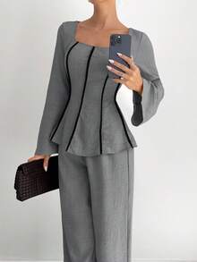 Siren Gaze Conjunto elegante para mujer con top de manga larga de cuello cuadrado en bloque de color y pantalones de unicolor, nueva llegada de otoño - Gris - Ver 5
