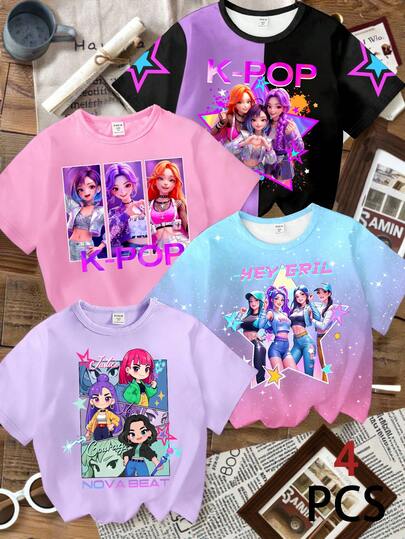 4pcs/Set Young Girl Casual Creative Personalized Refreshing Cute Minimalist Fashionable Virtual Girl Group Colorful Pentagram Star Space Background Graphic Letter Print Basic Short T-Shirts, Comfortable Daily Wear, Suitable For Spring, Summer And Autumn