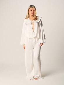 MISSGUIDED 女士荷叶边系领长袖荷叶边上衣搭配阔腿裤家居服套装，舒适透气 - 白色 - 查看 5