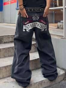 ROMWE MEN Anime Spring Casual Graphic Men'S Embroidered Pattern Loose Fit Jeans - Grey - View 4