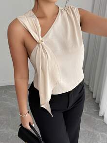 Elenzga Blouse asymétrique à nœud et boucle métallique pour femmes, port décontracté quotidien, printemps/été - Nude - Voir 4