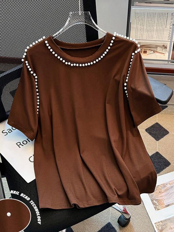 GlowEve CURVE Camiseta de manga corta con cuello redondo, diseño de burbuja de cuentas, para mujer de talla grande