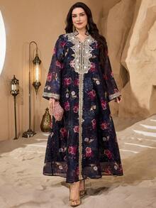 Al Najma Random Floral Applique Decorative Trim Ribbon, Luxurious Elegant Traditional Loose Long Sleeve Plus Size Women Turkish Abaya Robe - Black - View 4