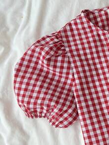 Serisse Kids Conjunto de camisa de manga corta a cuadros rojos y blancos elegante y de moda para niñas preadolescentes - Rojo - Ver 4