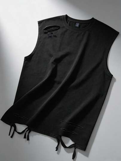 ROMWE MEN 2026 Frühling, Sommer, Herbst Unisex Lässig ärmelloses Top, vintage-style zerstörtes Tank Top mit Rundhalsausschnitt