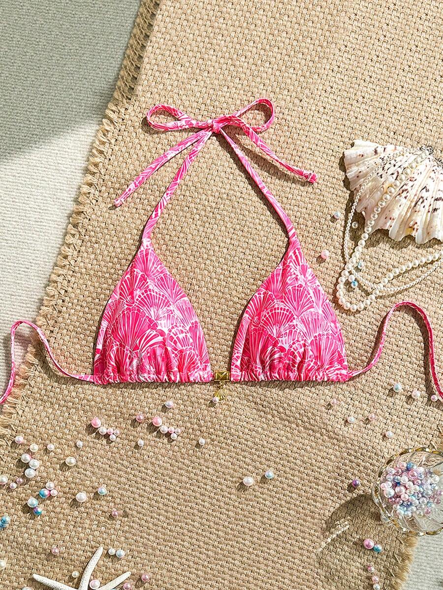 Swim Mod Random Gold Shell Print Halter Bikini Top, Sexy Swimwear Top For Summer Vacation - Pink - View 1