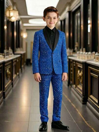 2-delat blått kostymset: Långärmad jacka + byxor, glänsande minimalistisk casual outfit lämplig för piano-/violinframträdanden, bröllop, examen, formella tillfällen, herrkläder, födelsedagsfester, kvällsevenemang, föreställningar, mottagningar, bröllopssäsong, halloween, jul, höst-/vinterpresenter, alla hjärtans dag-pojkfestkostym, blått kostymset
