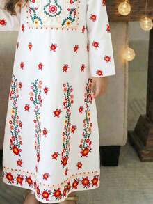 SHEIN Young Girl Floral Print Round Neck Long Sleeve Dress, White Autumn Family Matching Traditional Arabic Dress, Modest Kaftan Young Girls Jalabiya Abaya - Multicolor - View 6