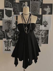 Attitoon Women's Solid Color Halter Tie Ruched Asymmetrical Hem Fashionable Versatile Blouse For Dates & Outings - Black - View 2