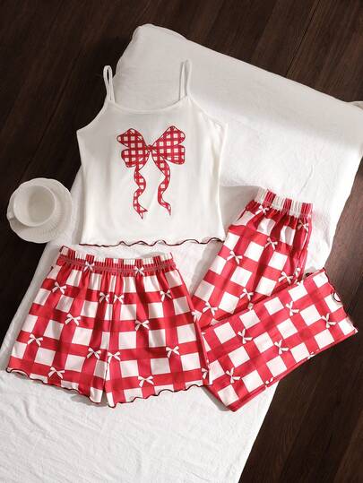 SHEIN 3pcs Girls Sleepwear Set, Cute Bow Print Vest, Plaid Shorts And Pants, Suitable For Valentine's Day, Red