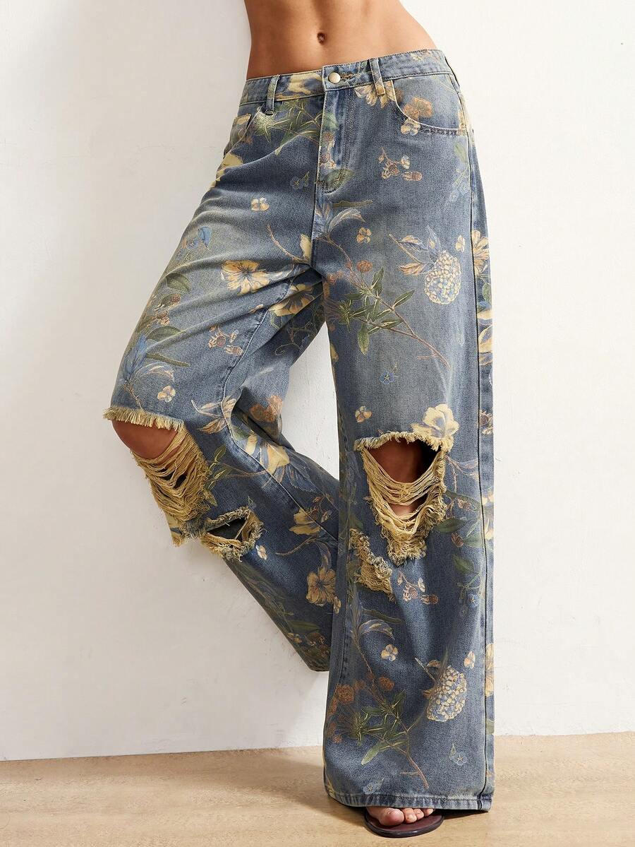 Bohemela Women's Vintage Distressed Print Loose Fit Jeans Women's Trousers Y2k Low Rise Jeans Summer Pants Printed Pants Distressed Jeans Summer Wide Leg Denim Painted Jeans Baggy Jeans With Designs Women Baggy Jean Patch Work Jeans Boho Chic Women's Clothing Women's Summer Outfits Bohemian Outfit For Women Women Vacation Outfit Sets Beach Outfit For Women Demin Outfit Women Fashion Women's Beach Outfits Yk2k Jeans