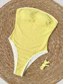 SHEIN Swim 女士优雅休闲可拆卸肩带抹胸连体泳衣，纹理面料时尚撞色设计，适合夏季海滩度假、海滩派对穿着，2026 女士春夏海滩度假连体泳衣 - 綠色 - 查看 5