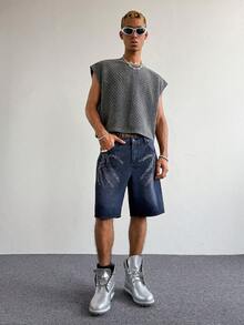 PAVTROS Men's Pocketed Button Rhinestone Embellished Casual Washed Denim Shorts - Purple - View 4