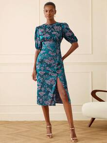 Lilora Women's Elegant Jacquard Round Neck Split Hem Dress - Blue - View 4