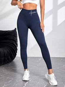 Easithlete Women's Letter Pattern Seamless High Elasticity Sports Leggings - Navy Blue - View 3