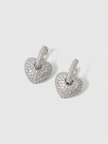 ROMWE Kawaii Rhinestone Heart Drop Earrings Valentines,Mom,Mother,Mother's Day,Gift - Silver - View 1