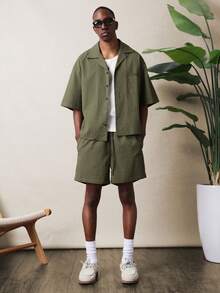 SUMWON Olive Textured Short Sleeve Shirt And Matching Shorts Co-Ord Set For Summer Relaxed Casual Everyday Wear Button Up Collar Style Vacation - Green - View 1