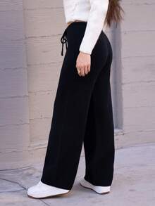 Andrea Bello Low Rise Drawstring Waist Rib Knit Wide Leg Casual Trousers Fall Autumn Winter Everyday Office Christmas Evening Party Elegant New Year Thanksgiving - Black - View 3