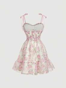 SHEIN MOD 大码优雅印花吊带连衣裙和网纱半身裙套装 - 粉色 - 查看 7