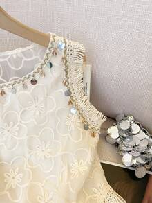 Franclia Women's Summer Vacation Floral Sequin Fringe Trim Sleeveless Top - Apricot - View 6