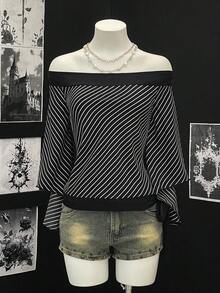 Jeanoix Women's Sexy Off Shoulder Striped Fabric Blouse - Black and White - View 1