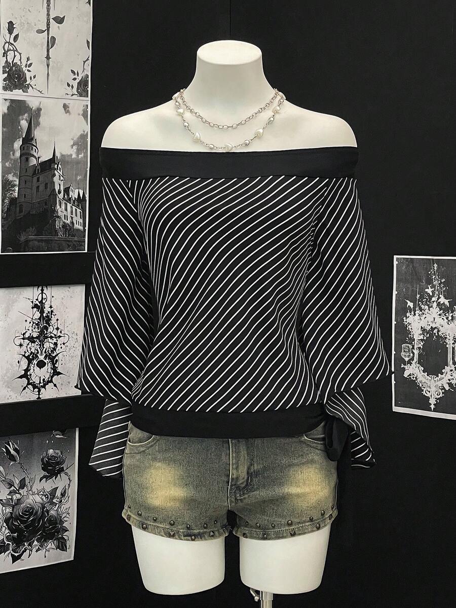 Jeanoix Women's Sexy Off Shoulder Striped Fabric Blouse - Black and White - View 1