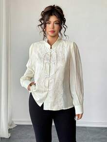 Elenzga Áo cánh tay bồng họa tiết hoa jacquard cổ vuông bằng vải voan chắp vá cỡ lớn cho nữ, thiết kế nút tua rua, phong cách tối giản, thích hợp mặc trong dịp năm mới và mặc hàng ngày - Màu be - Xem 4