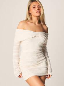MISSGUIDED Vestido mini con hombros descubiertos, drapeado y mangas largas con textura recogida para fiestas y ocasiones de noche - Albaricoque - Ver 5