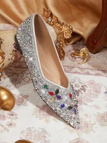 CUCCOO TILAWA Spring And Autumn 2026 Women's New Luxury Shining Rhinestone Decorated Flats, Elegant Pointed Ballet Flats, Comfortable Versatile Shiny Fashion Outdoor Flats, Suitable For Parties, Weddings And Banquets, Valentine's Day Gifts - Silver 2 - View 3