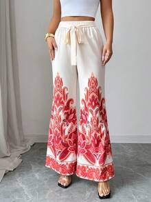 Elenzga Women's New Fashionable Elegant Elastic Waist Tie Design Printed Flare Pants, Suitable For Commuting, Christmas, New Year, Streetwear, French Romantic, Casual, Middle Eastern Retro, Afternoon Tea, Party, Thanksgiving, Back To School, Spring/Summer - Apricot - View 6