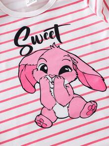 SHEIN 3pcs Baby Girls Cute Pink Rabbit Striped Floral Print Short Sleeve Romper, Suitable For Everyday Wear, Spring/Summer - Multicolor - View 7