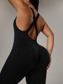 Rhythm Era Slayoga 女士字母印花交叉露背无袖性感运动连体衣健身女装 - 黑色 - 查看 3