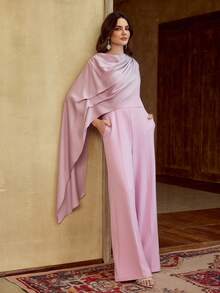 ZEYLAH Women's Solid Color Pleated Shawl Design Casual Jumpsuit For Travel & Vacation, Spring/Summer - Mauve Purple - View 9