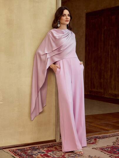 ZEYLAH Women's Solid Color Pleated Shawl Design Casual Jumpsuit For Travel & Vacation, Spring/Summer