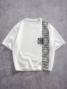 ROMWE MEN Street Life Men's Embroidered Contrast Line Print T-Shirt - Black and White - View 1