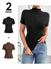 SHEIN Essnce 2PCS Women T-Shirts Mock Neck Tops Cotton Tops Ribbed Tops Short Sleeve Tops Fitted Tops Ribbed Tops For Women Women Casual Outfits Polo Neck Top Women S Short Sleeve Tops Polo Neck Tops - Brown - View 2