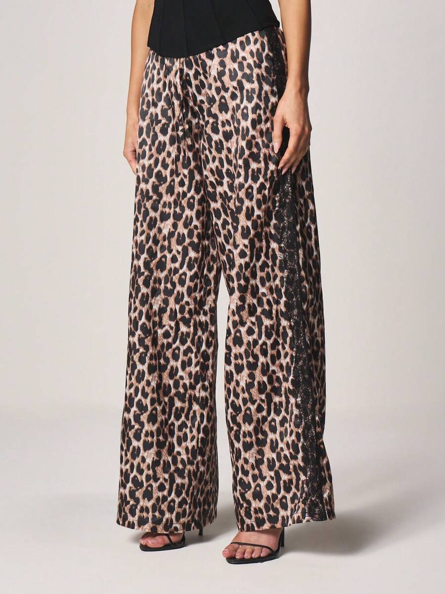 MISSGUIDED Leopard Print Satin Wide Leg Palazzo Trousers With Lace Trim Side Detail High Rise Flowy Pants For Fall Winter Evening Casual Wear - Brown - View 1