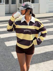 Muchica Yellow Striped Knit Women's Long Sleeve Top And Shorts Set - Brown - View 5